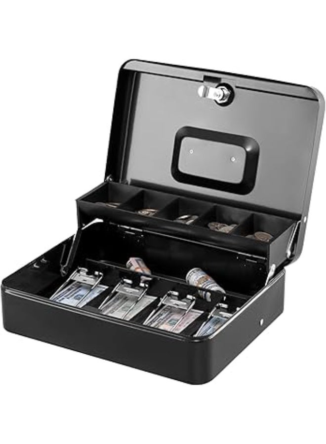 خزنة صندوق نقود كبير بقفل برقم سري، صندوق نقود مع درج للنقود قابلة للقفل، صندوق أمان متين بقفل ومفتاح، منظم لتوفير المال، 4 فتحات للأوراق النقدية و5 فتحات للعملات المعدنية، تصميم معلق، حجم كبير - Image 1