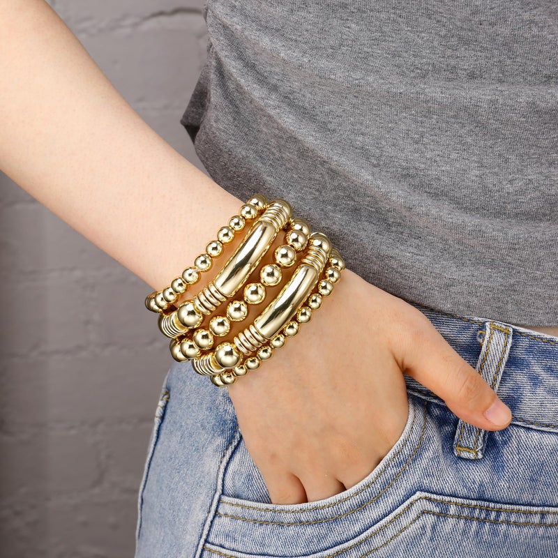 Badu Gold Bangles Bracelet for Women Chunky Curved Stacking Plated Bead Ball Stretchable Bracelets - Image 4