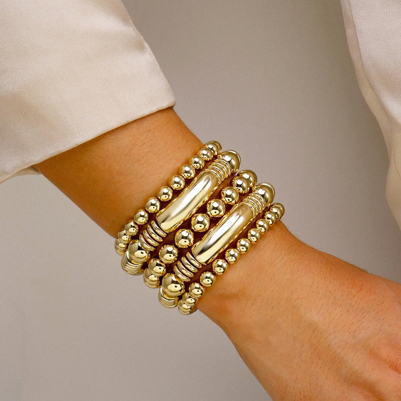 Badu Gold Bangles Bracelet for Women Chunky Curved Stacking Plated Bead Ball Stretchable Bracelets - Image 5