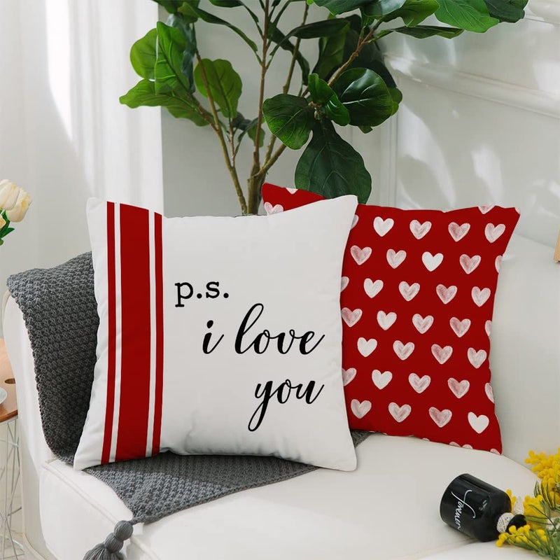 GEEORY Valentine's Day Pillow Covers 18 x 18 Inch Set of 4 - Red Black Stripes Love Heart I Love You Throw Pillows Decorative Cushion Cases for Valentine Decor - Image 4