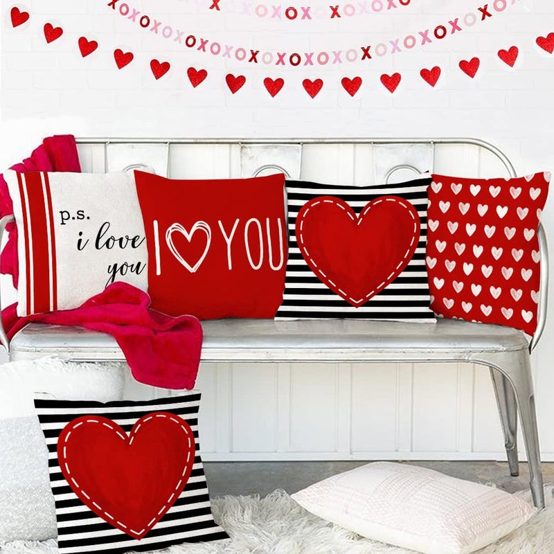 GEEORY Valentine's Day Pillow Covers 18 x 18 Inch Set of 4 - Red Black Stripes Love Heart I Love You Throw Pillows Decorative Cushion Cases for Valentine Decor - Image 5