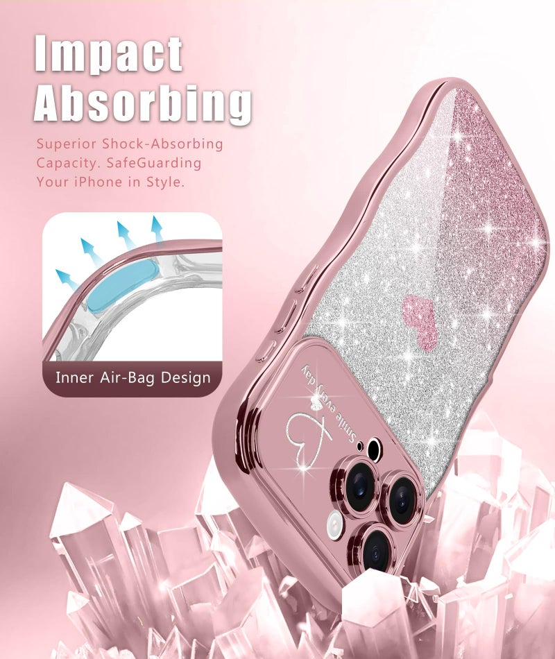 Teageo for iPhone 16 Pro Max Case for Women Girls Cute Curly Wavy Love Heart Glitter Bling Camera Protection Sparkly Luxury Elegant Shockproof Clear Wave Phone Case for iPhone 16 Pro Max 6.9", Pink - Image 5