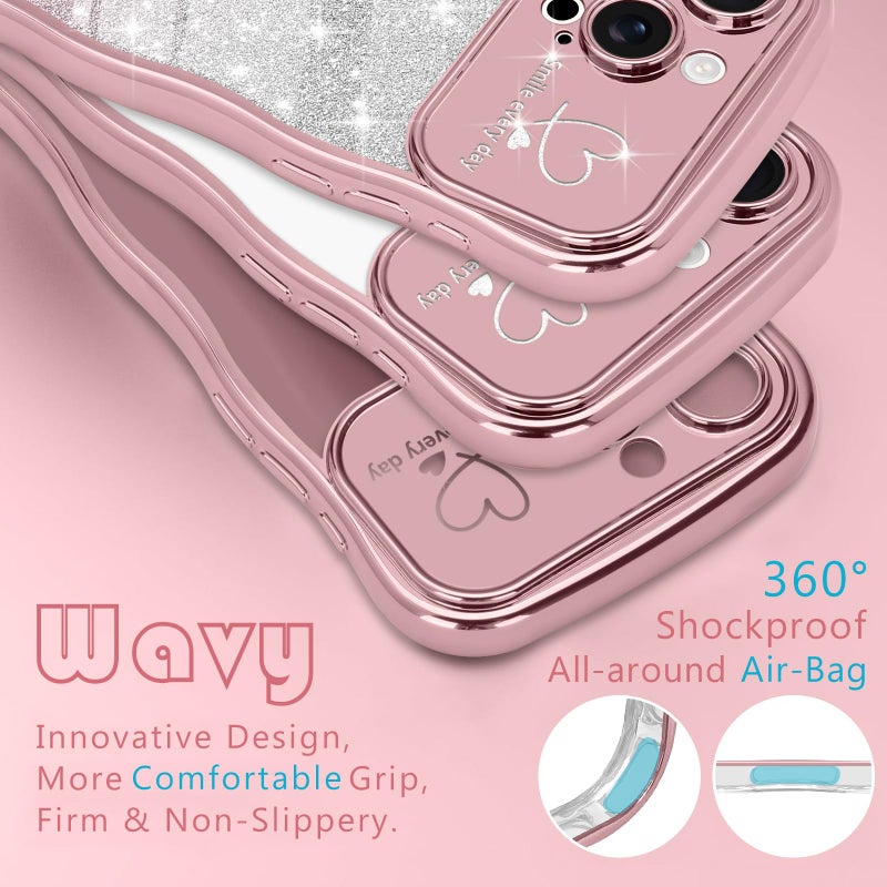 Teageo for iPhone 16 Pro Max Case for Women Girls Cute Curly Wavy Love Heart Glitter Bling Camera Protection Sparkly Luxury Elegant Shockproof Clear Wave Phone Case for iPhone 16 Pro Max 6.9", Pink - Image 4