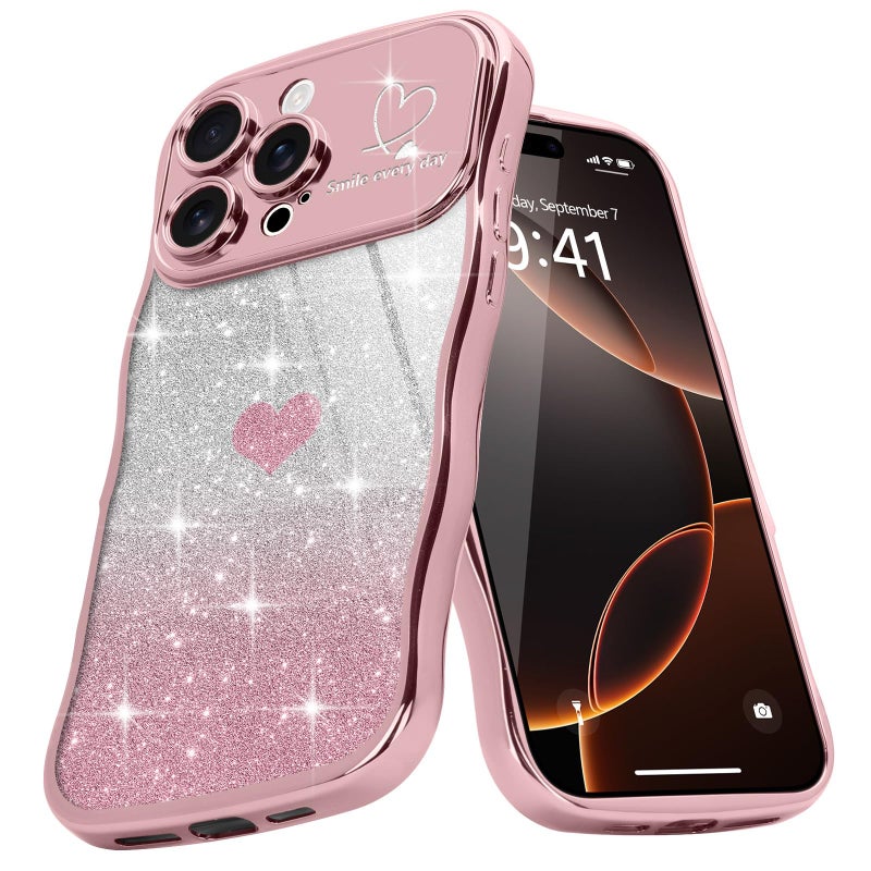 Teageo for iPhone 16 Pro Max Case for Women Girls Cute Curly Wavy Love Heart Glitter Bling Camera Protection Sparkly Luxury Elegant Shockproof Clear Wave Phone Case for iPhone 16 Pro Max 6.9", Pink - Image 1