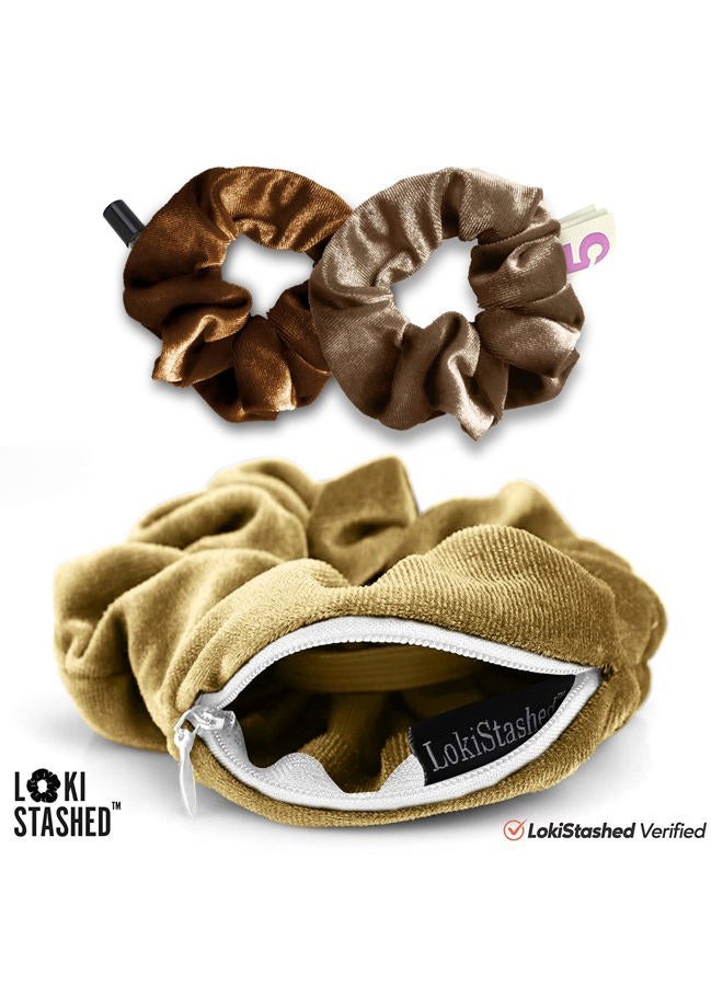 LokiStashed 3-PACK Velvet Hair Tie Scrunchies for VSCO Girls & Women, THE ORIGINAL HIDDEN POCKET SCRUNCHIE with Zipper Pocket Storage, Accessories, Small Items, Keys, Money (Golden Hour Set) - Image 3