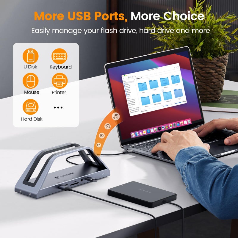 TobenONE 14-in-1 MacBook Pro/Air Docking Station Dual 4K Monitor, Vertical Laptop Docking Station Stand for Mac M1/M2/M3/M4 Pro/Max, USB C Dock with 65W Power Adapter, 2 HDMI, VGA, 5Gbps USB, RJ45 - Image 5