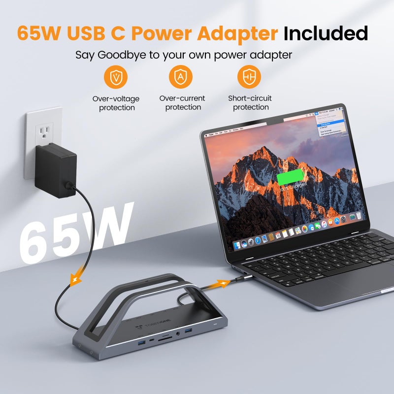TobenONE 14-in-1 MacBook Pro/Air Docking Station Dual 4K Monitor, Vertical Laptop Docking Station Stand for Mac M1/M2/M3/M4 Pro/Max, USB C Dock with 65W Power Adapter, 2 HDMI, VGA, 5Gbps USB, RJ45 - Image 4