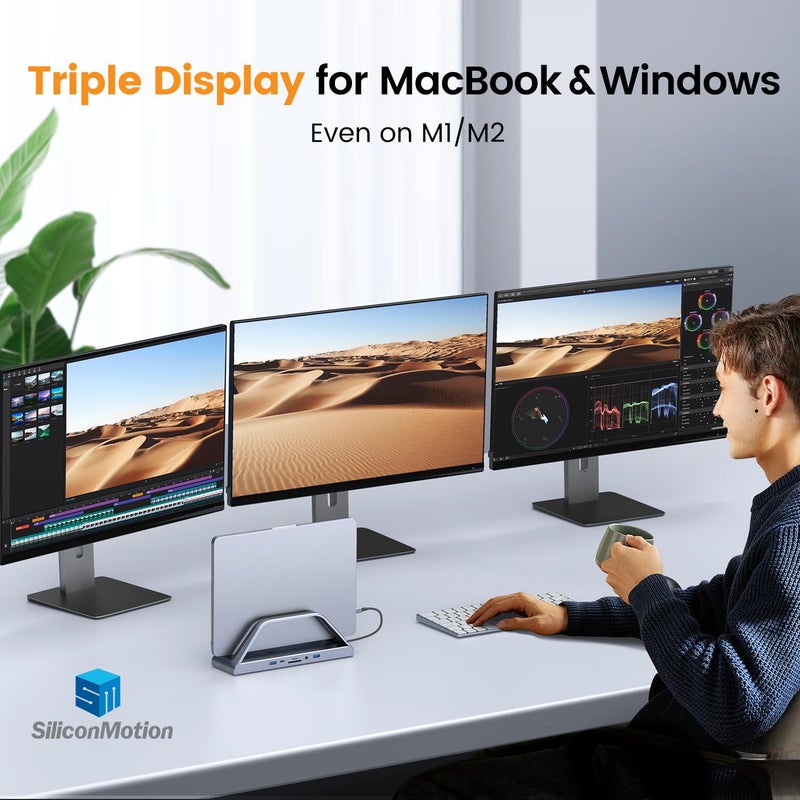TobenONE 14-in-1 MacBook Pro/Air Docking Station Dual 4K Monitor, Vertical Laptop Docking Station Stand for Mac M1/M2/M3/M4 Pro/Max, USB C Dock with 65W Power Adapter, 2 HDMI, VGA, 5Gbps USB, RJ45 - Image 2
