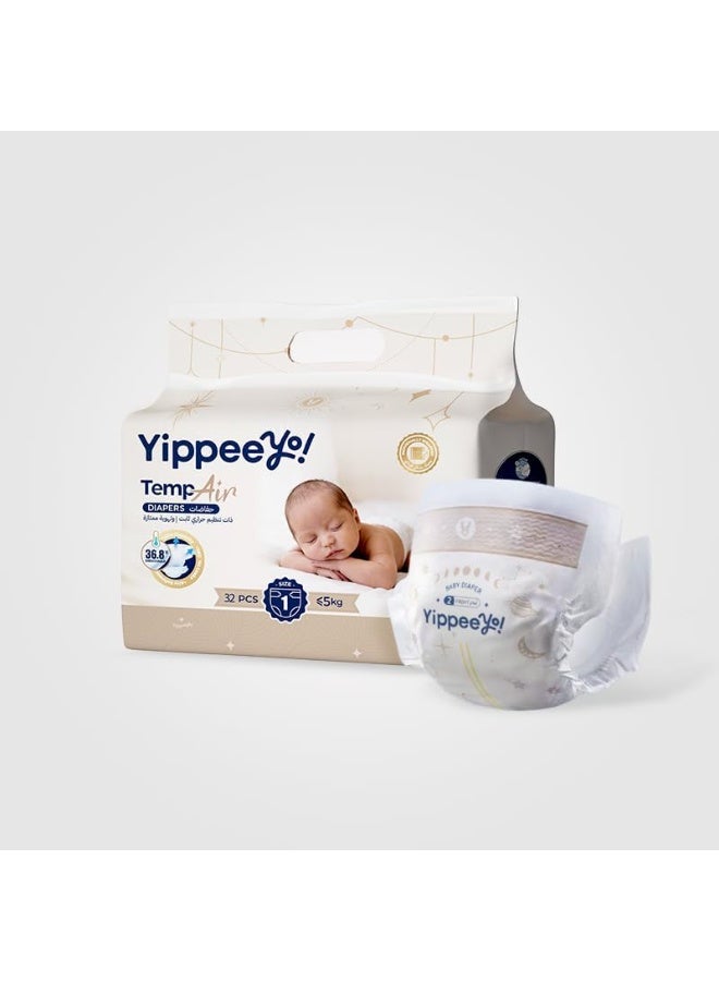 Yippeeyo TempAir Baby Diapers Size 1 (32 Count) | Breathable Temperature-Sensing Strip | Overnight Absorbency for Newborns & Infants up to 5 kg