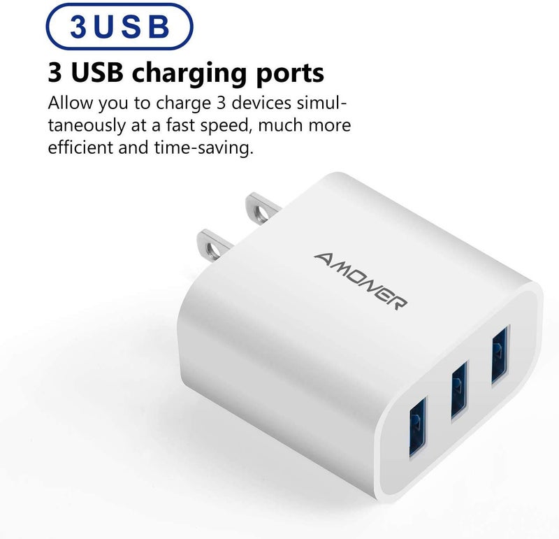 Amoner USB Wall Charger, Amoner 2Pack 15W 3-Port USB Charger Block iPhone Cube Charging Blocks for iPhone 14/13/12/11/X/XR/X/8/7/6, Galaxy, Android Phones and More - Image 3