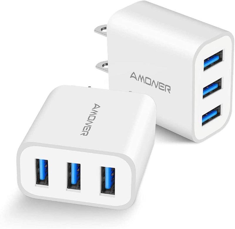 Amoner USB Wall Charger, Amoner 2Pack 15W 3-Port USB Charger Block iPhone Cube Charging Blocks for iPhone 14/13/12/11/X/XR/X/8/7/6, Galaxy, Android Phones and More - Image 1