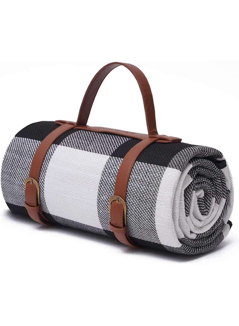 BlueFire Large 79''x79'' Waterproof Picnic Blanket – Extra Large 3-Layered Outdoor Picnic Mat for Park, Beach, Camping & Travel | Foldable, Lightweight & Portable Sandproof Beach Blanket | Durable Grass & Water Resistant Picnic Rug with Soft Fleece Top, Waterproof PEVA Backing & Foam Padding | Easy to Fold & Carry with Handle – Perfect Picnic Blanket for Family, Friends, Kids & Outdoor Adventures (Black & White) - Image 1