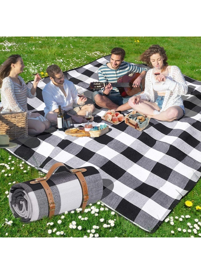 BlueFire Large 79''x79'' Waterproof Picnic Blanket – Extra Large 3-Layered Outdoor Picnic Mat for Park, Beach, Camping & Travel | Foldable, Lightweight & Portable Sandproof Beach Blanket | Durable Grass & Water Resistant Picnic Rug with Soft Fleece Top, Waterproof PEVA Backing & Foam Padding | Easy to Fold & Carry with Handle – Perfect Picnic Blanket for Family, Friends, Kids & Outdoor Adventures (Black & White) - Image 2
