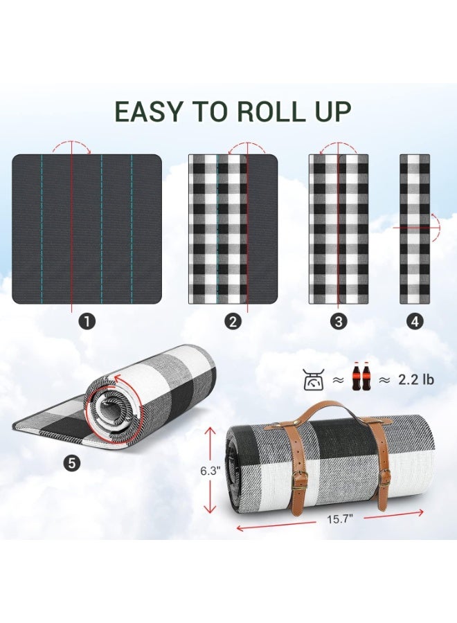 BlueFire Large 79''x79'' Waterproof Picnic Blanket – Extra Large 3-Layered Outdoor Picnic Mat for Park, Beach, Camping & Travel | Foldable, Lightweight & Portable Sandproof Beach Blanket | Durable Grass & Water Resistant Picnic Rug with Soft Fleece Top, Waterproof PEVA Backing & Foam Padding | Easy to Fold & Carry with Handle – Perfect Picnic Blanket for Family, Friends, Kids & Outdoor Adventures (Black & White) - Image 3