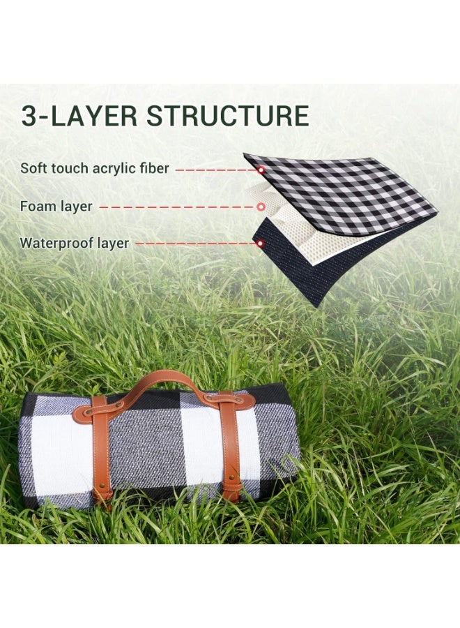 BlueFire Large 79''x79'' Waterproof Picnic Blanket – Extra Large 3-Layered Outdoor Picnic Mat for Park, Beach, Camping & Travel | Foldable, Lightweight & Portable Sandproof Beach Blanket | Durable Grass & Water Resistant Picnic Rug with Soft Fleece Top, Waterproof PEVA Backing & Foam Padding | Easy to Fold & Carry with Handle – Perfect Picnic Blanket for Family, Friends, Kids & Outdoor Adventures (Black & White) - Image 4