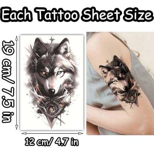 S.A.V.I 2 Sheets Large Wolf Temporary Tattoo Stickers - 19x12cm Waterproof Black & Grey Body Art for Men & Women - Realistic Chest, Arm, Back Design - Easy Apply & Remove, Long-Lasting - Image 2