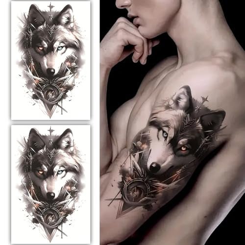 S.A.V.I 2 Sheets Large Wolf Temporary Tattoo Stickers - 19x12cm Waterproof Black & Grey Body Art for Men & Women - Realistic Chest, Arm, Back Design - Easy Apply & Remove, Long-Lasting - Image 1