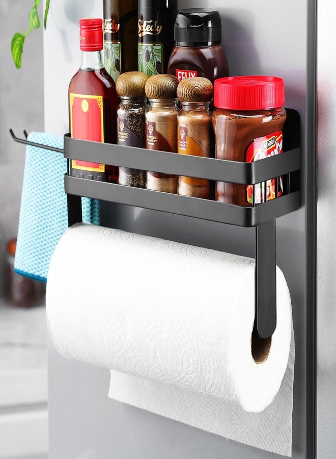 DELITON Magnetic Paper Towel Holder with Shelf, Magnetic Spice Rack Hanging Paper Towel Holder for Kitchen Garage Organization, Refrigerator Magnet Shelf with 2 Hooks, Black - Image 1