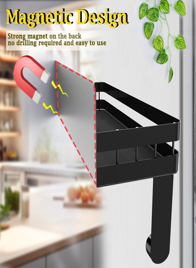 DELITON Magnetic Paper Towel Holder with Shelf, Magnetic Spice Rack Hanging Paper Towel Holder for Kitchen Garage Organization, Refrigerator Magnet Shelf with 2 Hooks, Black - Image 2