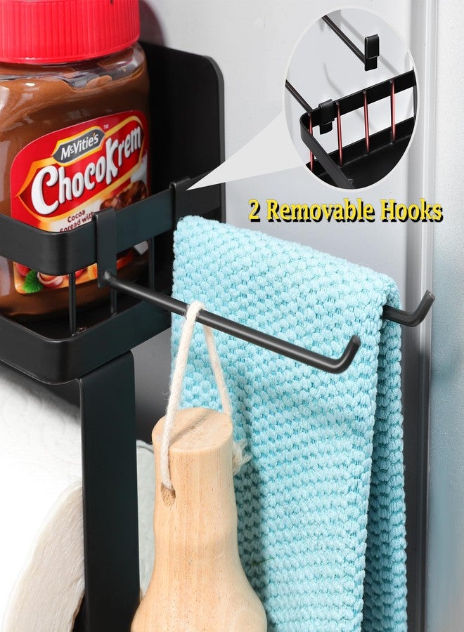 DELITON Magnetic Paper Towel Holder with Shelf, Magnetic Spice Rack Hanging Paper Towel Holder for Kitchen Garage Organization, Refrigerator Magnet Shelf with 2 Hooks, Black - Image 4