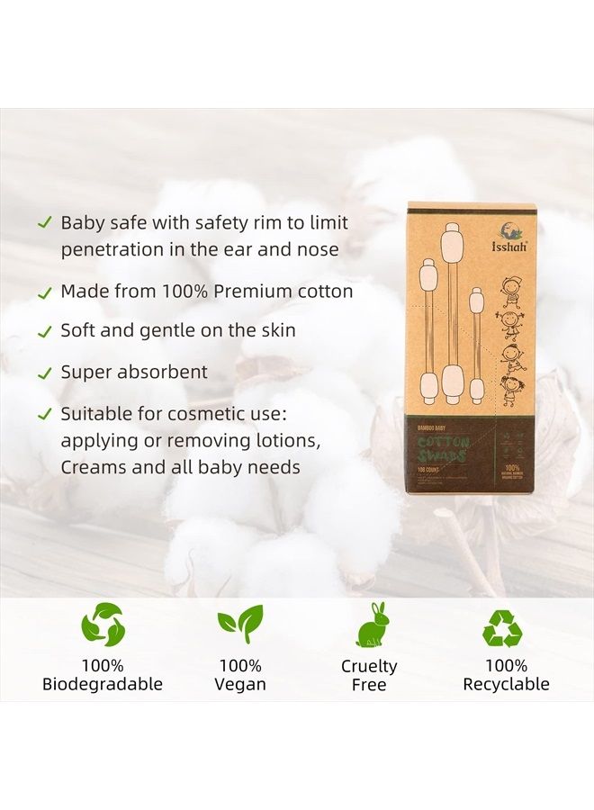 Isshah Baby Cotton Swabs - 108 Count - Bamboo Handle Cotton Tips, 100% Biodegradable, Gentle, Eco Friendly, Double Tips, Plastic Free Safety Baby Cotton Buds by Isshah - Image 4