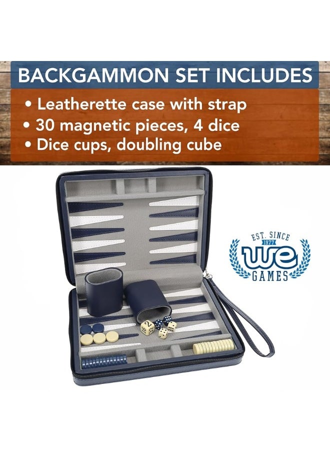 WE Games WE Games Backgammon Set, Board Games for Adults - Travel Games - Magnetic with Navy Blue Leatherette Backgammon Board and Carrying Strap - Travel Backgammon Sets for Adults  - Image 1