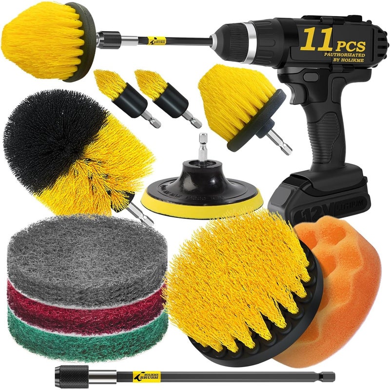 11Piece Drill Brush Attachment Set with Scouring Pads Power Scrubber Brush Cleaning Kit for Bathroom Grout Floor Tub Tile Corners AllPurpose Cleaner for Home Cleaning Yellow Pack of 1