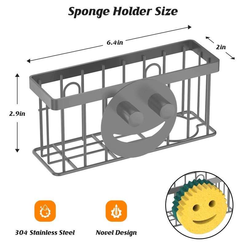 MURLONG Sponge Holder Smiley Face,Sink Caddy for Kitchen Sink,Sponge Holder with 2 PCS Suction Cups/1 PCS Adhesive Strips,Designed for Sponge,Soap,Dish Brush,Scrubber-Charcoal Gray - Image 2