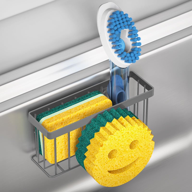 MURLONG Sponge Holder Smiley Face,Sink Caddy for Kitchen Sink,Sponge Holder with 2 PCS Suction Cups/1 PCS Adhesive Strips,Designed for Sponge,Soap,Dish Brush,Scrubber-Charcoal Gray - Image 1