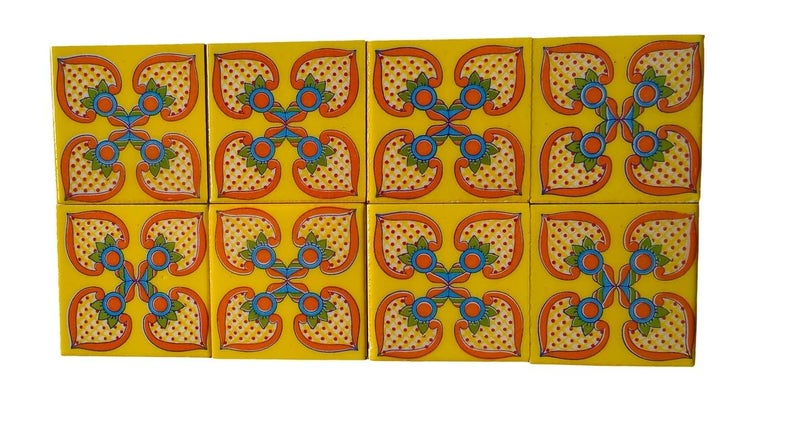 Shiv Kripa Blue Pottery Shiv Kripa Blue Pottery Home Decor Handmade Tabletop Interior Exterior Flooring Wall Kitchen Washroom Tile Floral Decorative Mosaic Wall Tiles 3 x 3 Inch Set of 8 Tiles Yellow Color 