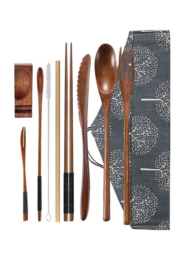 Wsevinn Wooden Utensil Flatware Set Reusable Utensils Travel Cutlery Set for Eating with Case, 10 Pcs Wooden Spoon and Fork Set Bamboo Flatware Set - Image 1