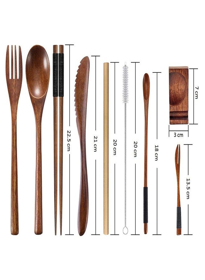Wsevinn Wooden Utensil Flatware Set Reusable Utensils Travel Cutlery Set for Eating with Case, 10 Pcs Wooden Spoon and Fork Set Bamboo Flatware Set - Image 2