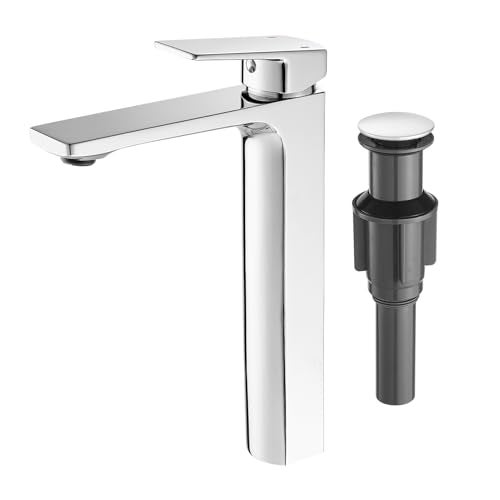 VOTON Vessel Sink Faucet Single Handle Tall Bathroom Sink Faucet Chrome Bathroom Vanity Faucet Basin Mixer Tap with Water Supply Lines and Pop Up Drain,Solid Brass - Image 1