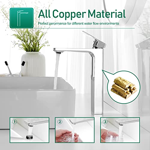 VOTON Vessel Sink Faucet Single Handle Tall Bathroom Sink Faucet Chrome Bathroom Vanity Faucet Basin Mixer Tap with Water Supply Lines and Pop Up Drain,Solid Brass - Image 3