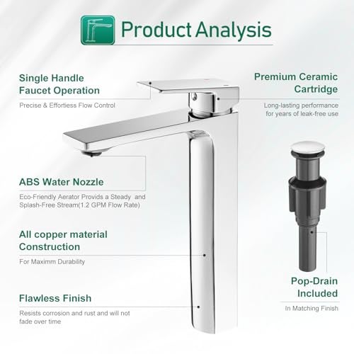 VOTON Vessel Sink Faucet Single Handle Tall Bathroom Sink Faucet Chrome Bathroom Vanity Faucet Basin Mixer Tap with Water Supply Lines and Pop Up Drain,Solid Brass - Image 5