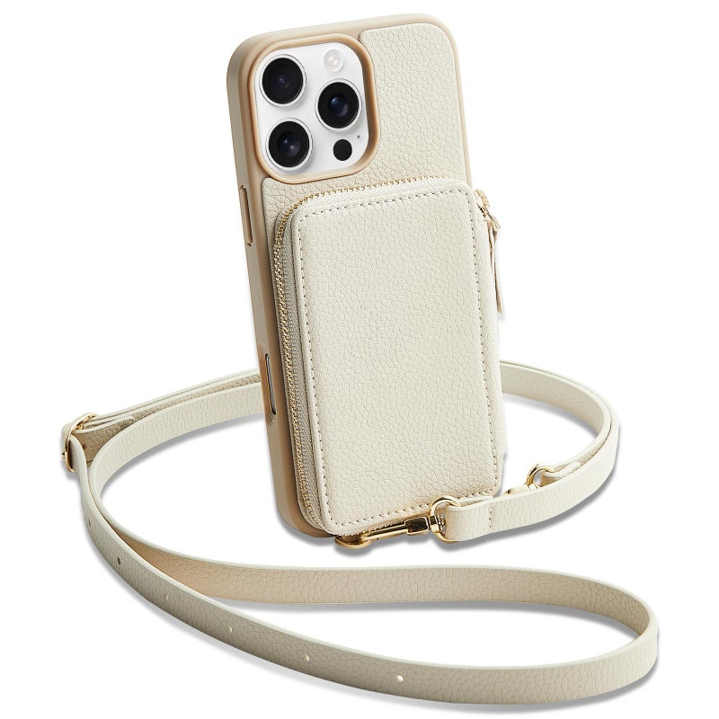 ZVE for iPhone 16 Pro Wallet Case, RFID Blocking Leather Case with Card Holder, Crossbody Strap for Beige iPhone 16 Pro 6.3" - Image 1
