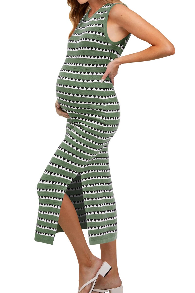 OUGES Women's 2026 Summer Maternity Dress for Photoshoot Baby Shower Midi Dress Sleeveless Crewneck Side Slit Bodycon Striped Knit Sweater Dress(Gray Green White Striped,XL) - Image 1