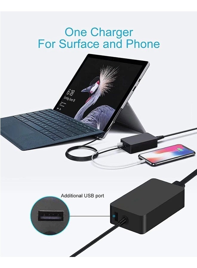 توبليو شاحن 65 واط لجهاز Surface Pro 9، محول كمبيوتر محمول مناسب لجهاز Microsoft Surface Pro 8/7/6/5/4/3/X، Windows Surface Laptop 4/3/2/1، Surface Go 4/3/2/1، Surface Book 3/2/1، وجهاز Surface Tablet 1706 مزود بمنفذ شحن USB - Image 4