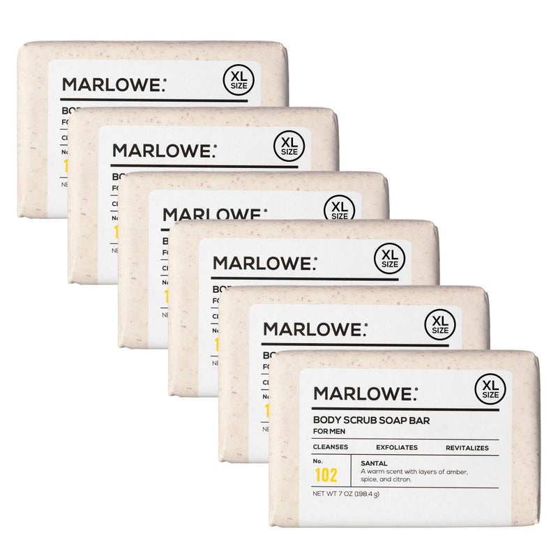 MARLOWE No 102 Body Scrub Soap 7 oz 6 Bars Santal Exfoliating Soap Bar with Shea Butter Olive Oil  Green Tea Extracts Cleanses Smooths  Revitalizes Skin Warm Amber Spice  Citron Scent
