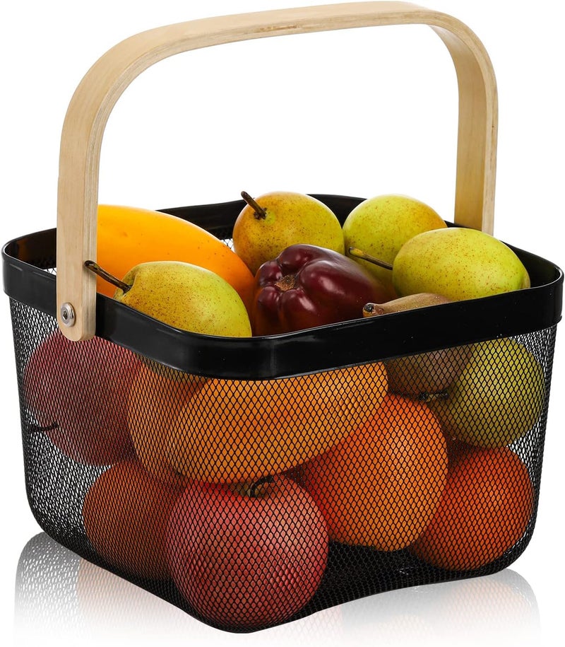 Luxansa MultiFunctional Metal Mesh Storage Fruits Vegetables Basket with Wooden Handle for Kitchen Storage Organizer Hanging Baskets Picnic Shopping Basket Cabinets For Home Decor Black - Image 1