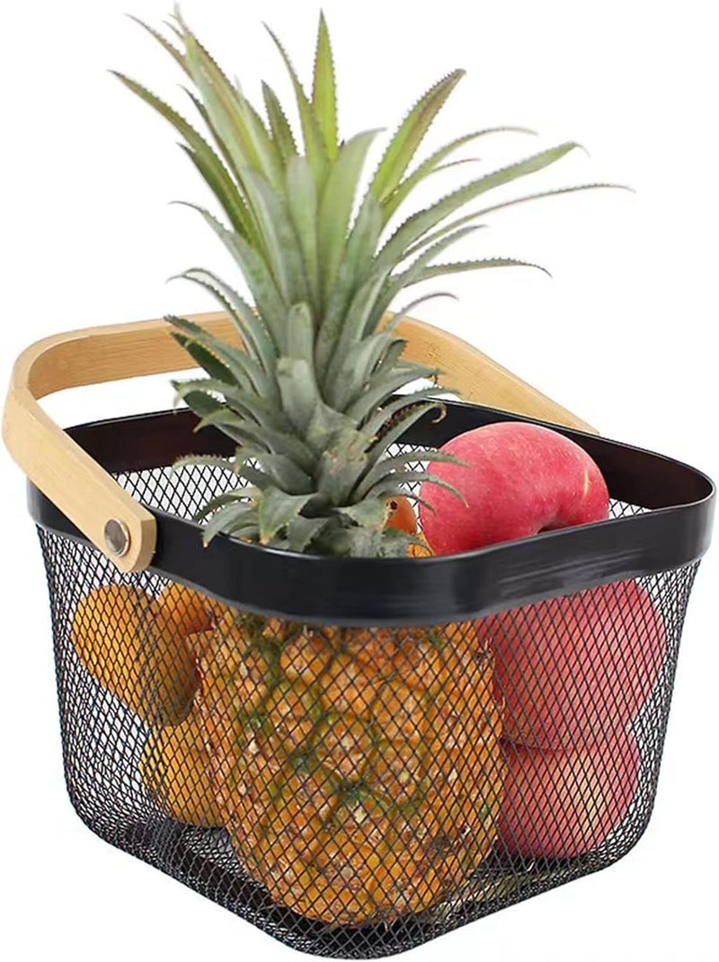 Luxansa MultiFunctional Metal Mesh Storage Fruits Vegetables Basket with Wooden Handle for Kitchen Storage Organizer Hanging Baskets Picnic Shopping Basket Cabinets For Home Decor Black - Image 2