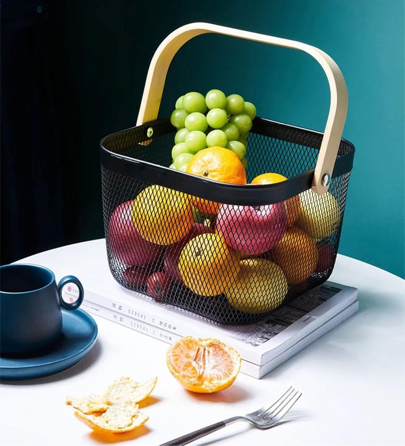 Luxansa MultiFunctional Metal Mesh Storage Fruits Vegetables Basket with Wooden Handle for Kitchen Storage Organizer Hanging Baskets Picnic Shopping Basket Cabinets For Home Decor Black - Image 3