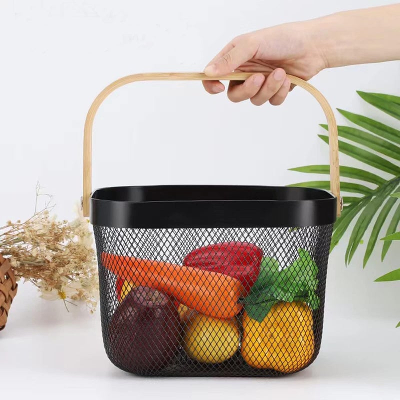 Luxansa MultiFunctional Metal Mesh Storage Fruits Vegetables Basket with Wooden Handle for Kitchen Storage Organizer Hanging Baskets Picnic Shopping Basket Cabinets For Home Decor Black - Image 5