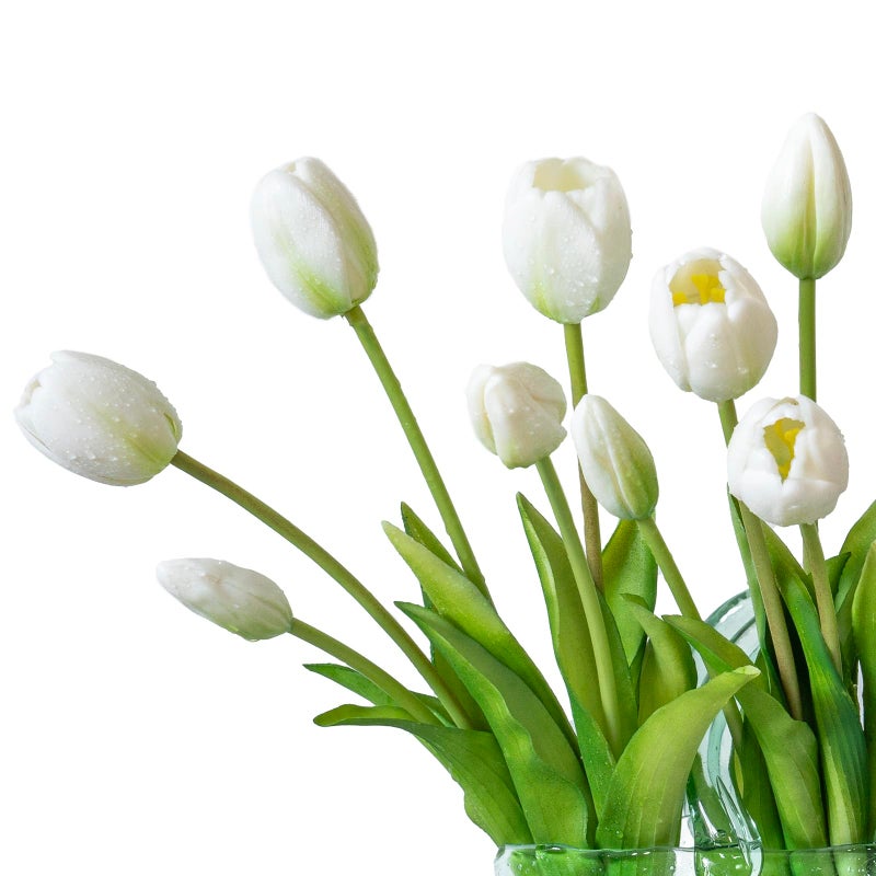 DUYONE 15pcs Artificial Tulips Flowers, Latex Bouquet, Fake Tulips for Office Wedding Party Home Kitchen Garden Decoration-B White - Image 4