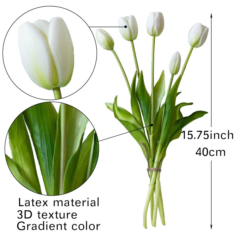 DUYONE 15pcs Artificial Tulips Flowers, Latex Bouquet, Fake Tulips for Office Wedding Party Home Kitchen Garden Decoration-B White - Image 2