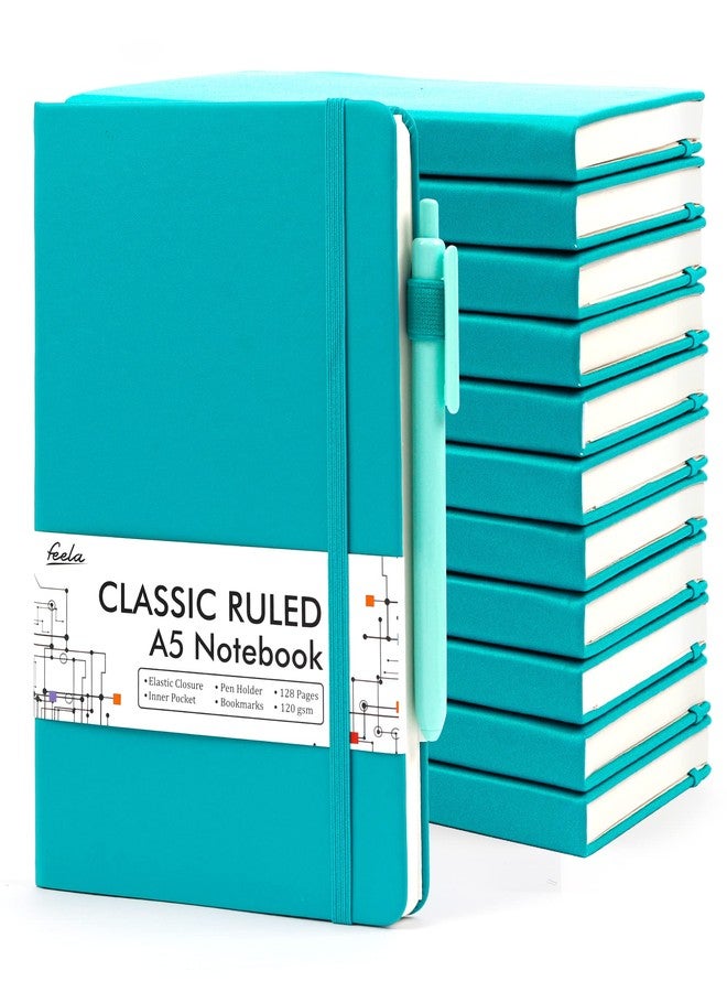 feela 12 Pack Notebooks Journals Bulk, Hardcover Notebook Classic Ruled Journal Set with Pen Holder for School Business Work Travel Writing, with 12 Black Pens, 120 GSM, 5.1”x8.3”, A5, Purple - Image 1