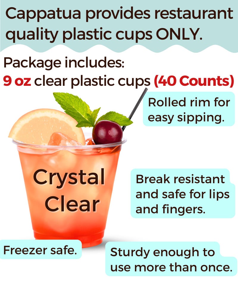 Cappatua 9 oz Clear Plastic Cups, 40 Pack 9oz Plastic Cocktail Party Cups, Disposable Wine Glasses Small Drinking Cup for Wedding, Punch Cup, Reusable Food Safe - Image 2