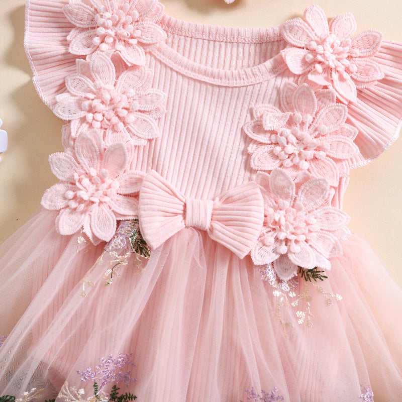 Douhoow Baby Girl Dress Romper Baby Romper Dress Flowers Embroidery Tulle Skirt Infant Girl Summer Clothes with Headband (Pink, 3-6 Months) - Image 3