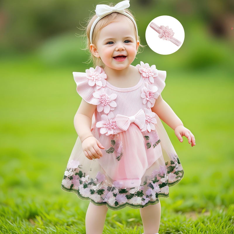 Douhoow Baby Girl Dress Romper Baby Romper Dress Flowers Embroidery Tulle Skirt Infant Girl Summer Clothes with Headband (Pink, 3-6 Months) - Image 4