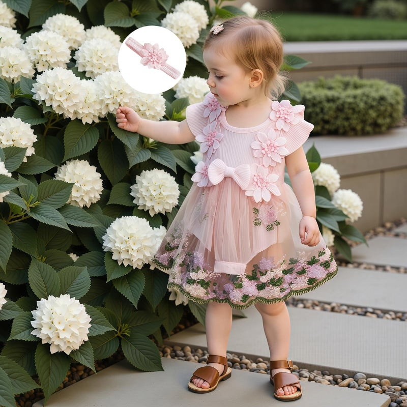 Douhoow Baby Girl Dress Romper Baby Romper Dress Flowers Embroidery Tulle Skirt Infant Girl Summer Clothes with Headband (Pink, 3-6 Months) - Image 5